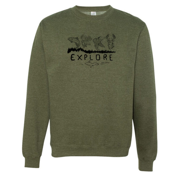 Explore Crewneck Sweater front in Army Heather color
