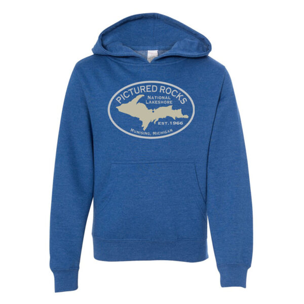 Pictured Rocks oval design hooded sweatshirt in royal heather color