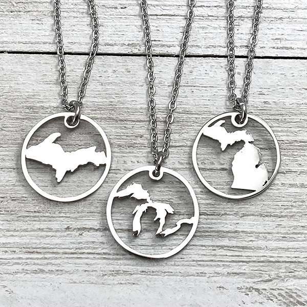 silver UP, Michigan and Great Lakes pendants